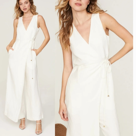 Rosetta Getty Pants - Rosetta Getty White Sleeveless Wide Leg Linen Blend Cropped Apron Wrap Jumpsuit